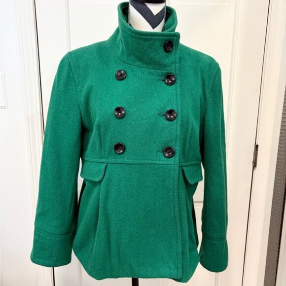 Old Navy Women's Kelly Green Double-Breasted Pea Coat Wool Blend Pleated Y2K - Picture 3 of 14